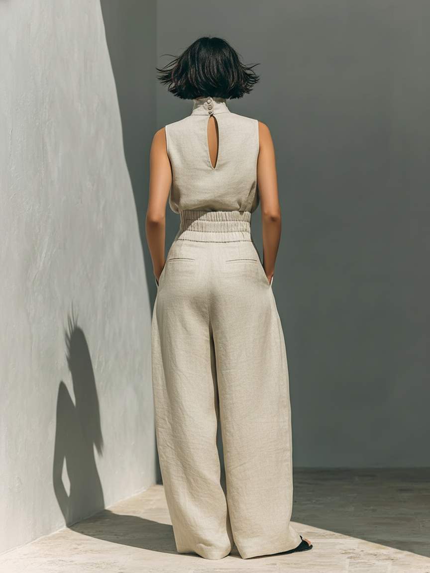 Linen Wide-Leg Two-Piece Set – Sleeveless Turtleneck Top Palazzo Pants