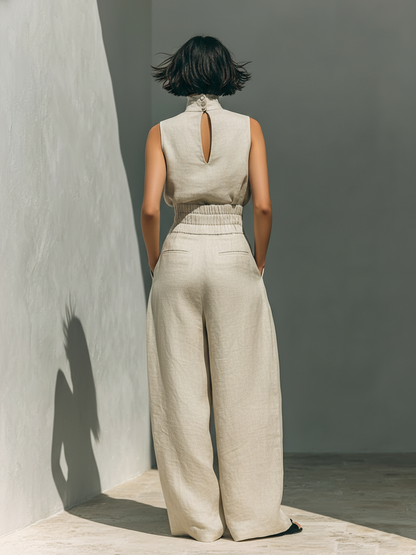 Linen Wide-Leg Two-Piece Set – Sleeveless Turtleneck Top Palazzo Pants