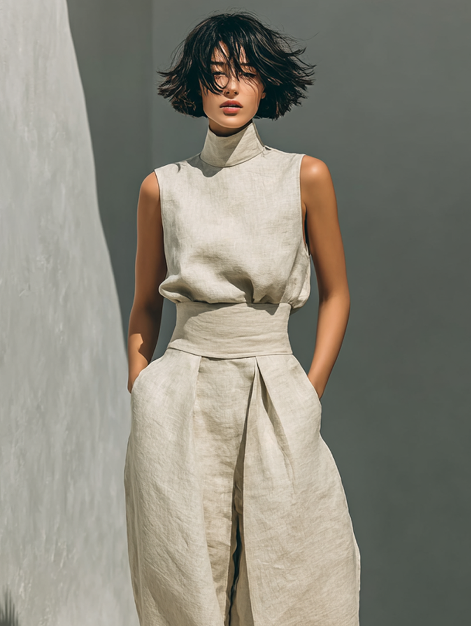 Linen Wide-Leg Two-Piece Set – Sleeveless Turtleneck Top Palazzo Pants