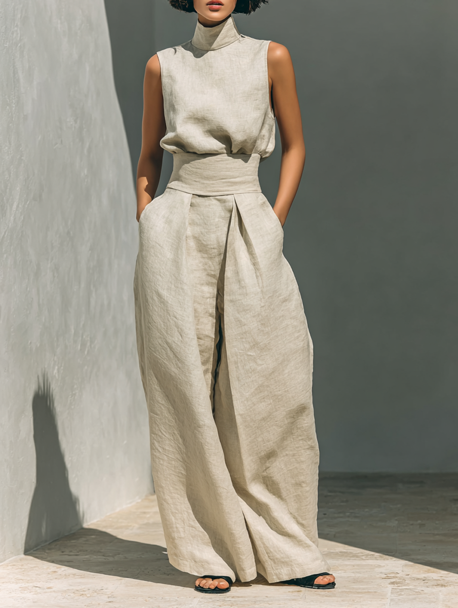 Linen Wide-Leg Two-Piece Set – Sleeveless Turtleneck Top Palazzo Pants