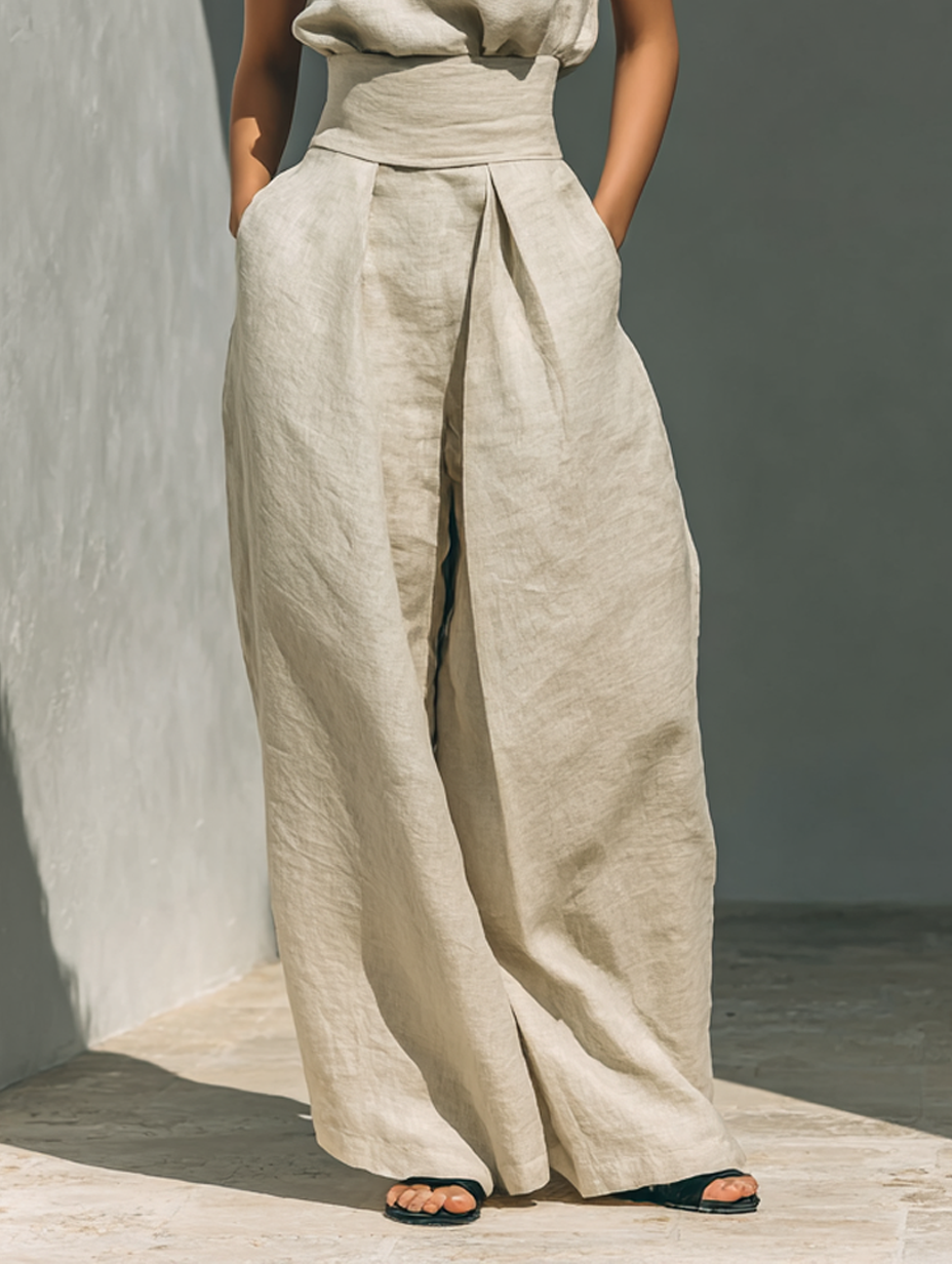 Linen Wide-Leg Two-Piece Set – Sleeveless Turtleneck Top Palazzo Pants
