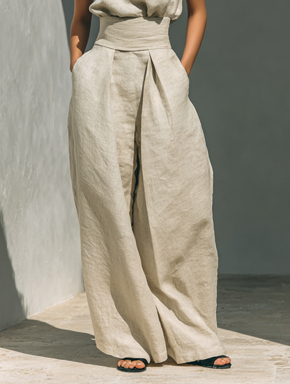 Linen Wide-Leg Two-Piece Set – Sleeveless Turtleneck Top Palazzo Pants
