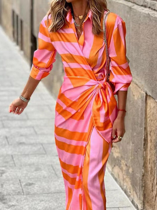 Printed Wrap Midi Dress – 3/4 Sleeve Belted Summer Shirt Dress