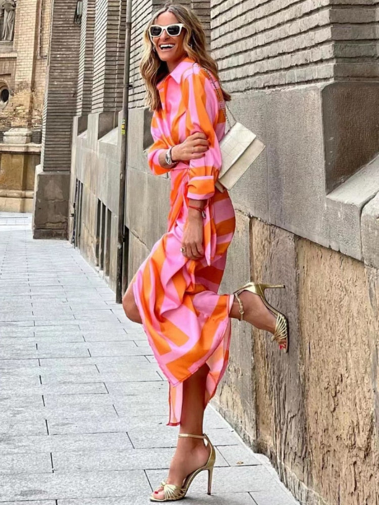 Printed Wrap Midi Dress – 3/4 Sleeve Belted Summer Shirt Dress