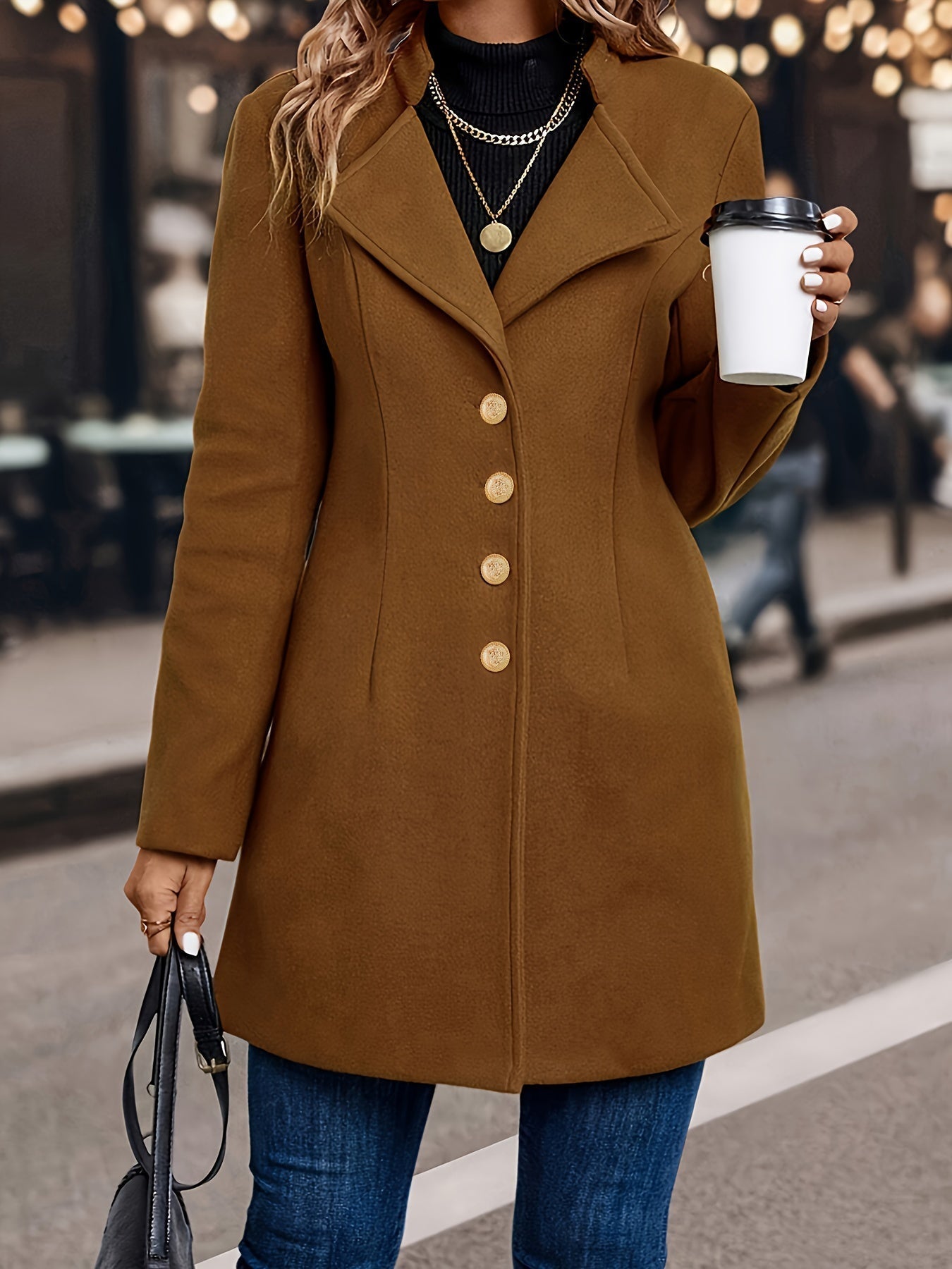 Wool-Blend Fitted Coat – Wide Collar Gold Button Midi