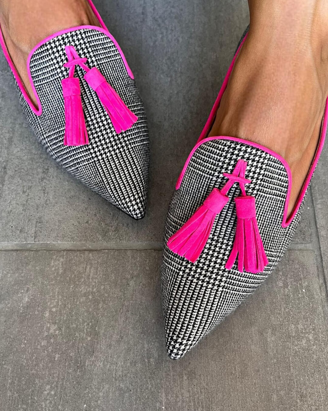 Houndstooth Pointed Toe Tassel Mules – Flat Slip-On Loafer Mules