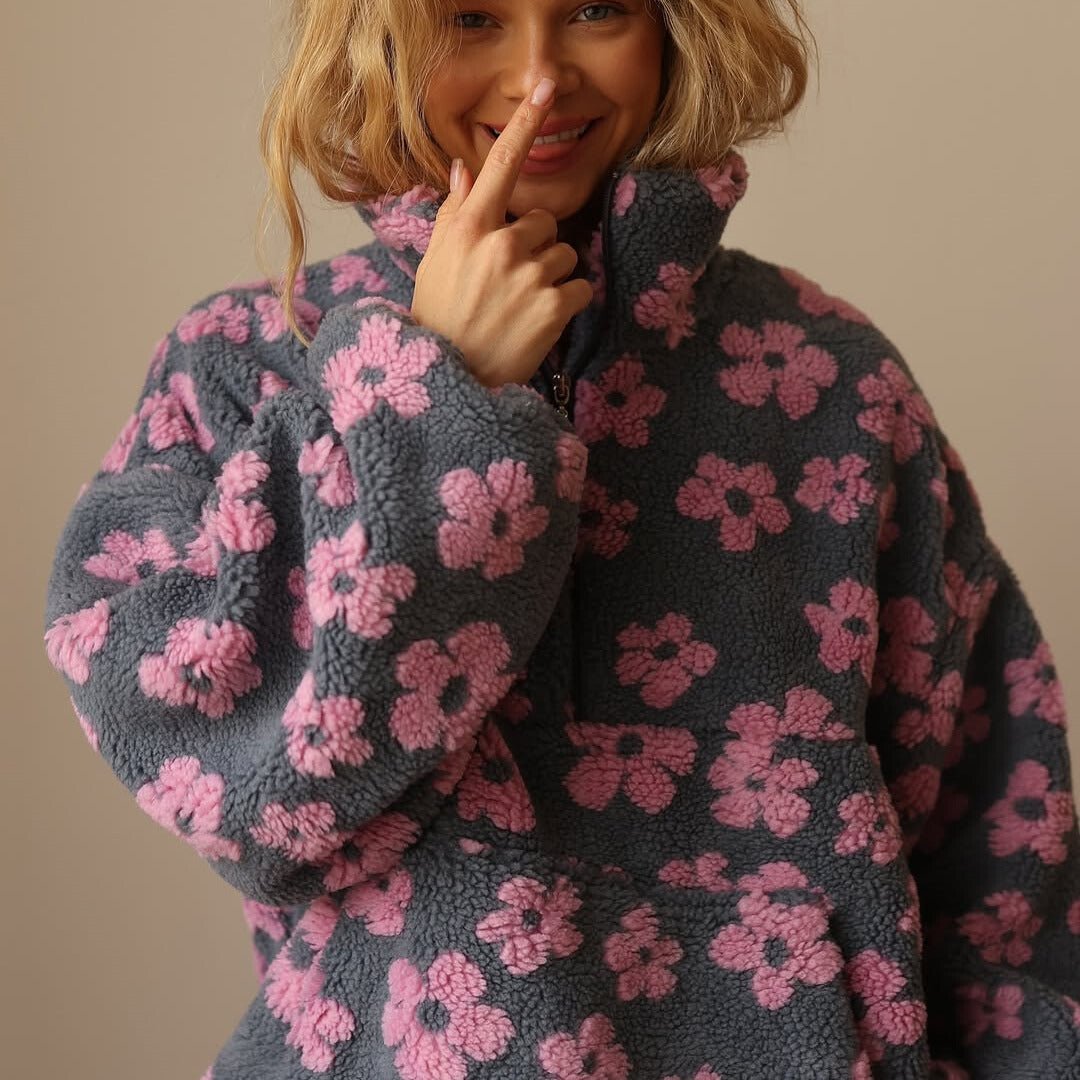 Floral Teddy Fleece Half-Zip Pullover – Oversized Sherpa Sweatshirt