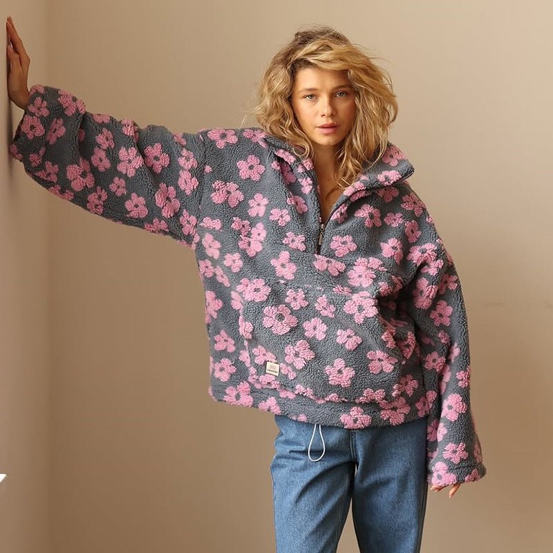 Floral Teddy Fleece Half-Zip Pullover – Oversized Sherpa Sweatshirt