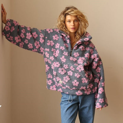 Floral Teddy Fleece Half-Zip Pullover – Oversized Sherpa Sweatshirt