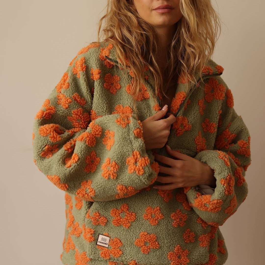 Floral Teddy Fleece Half-Zip Pullover – Oversized Sherpa Sweatshirt