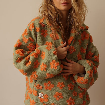 Floral Teddy Fleece Half-Zip Pullover – Oversized Sherpa Sweatshirt