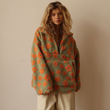 Floral Teddy Fleece Half-Zip Pullover – Oversized Sherpa Sweatshirt