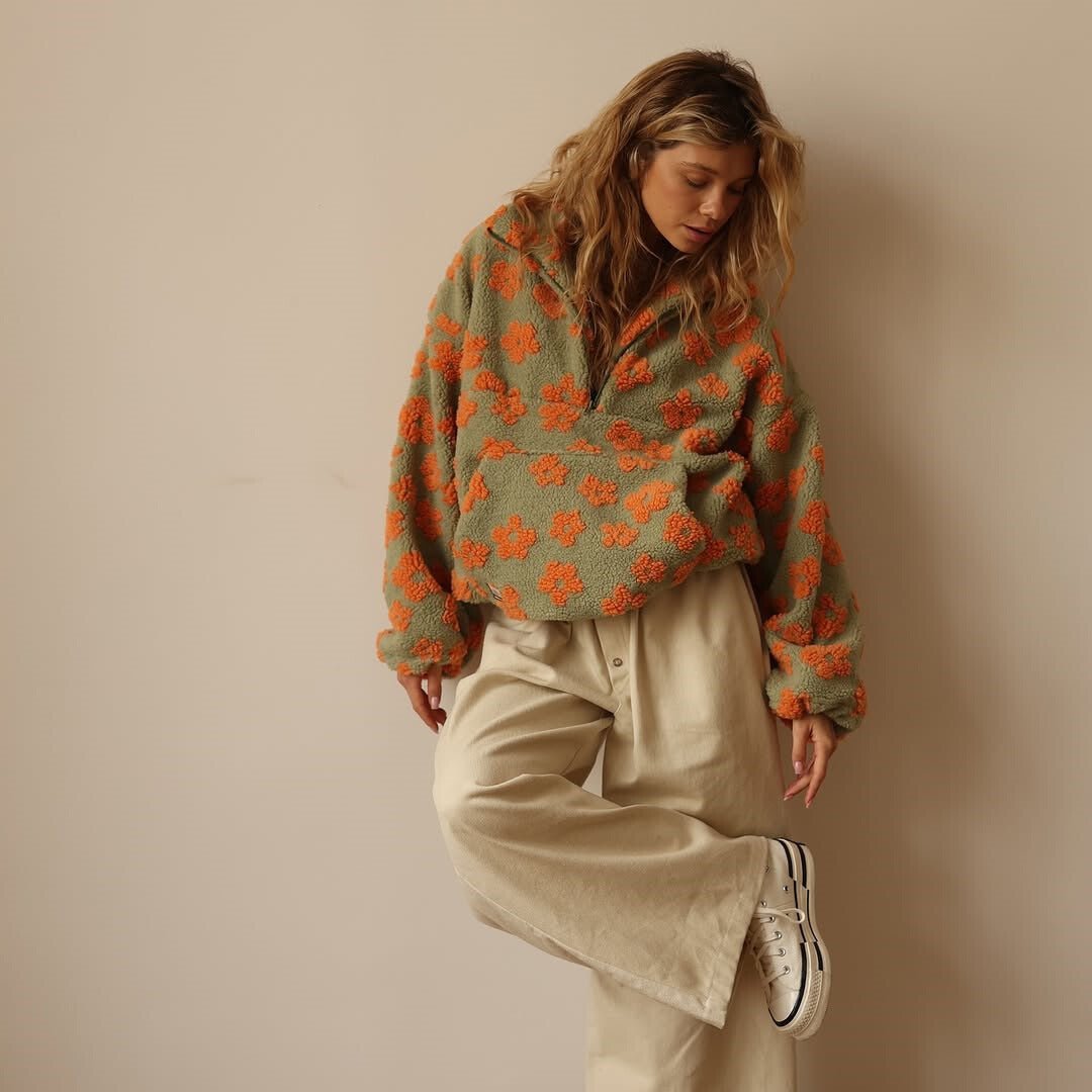 Floral Teddy Fleece Half-Zip Pullover – Oversized Sherpa Sweatshirt