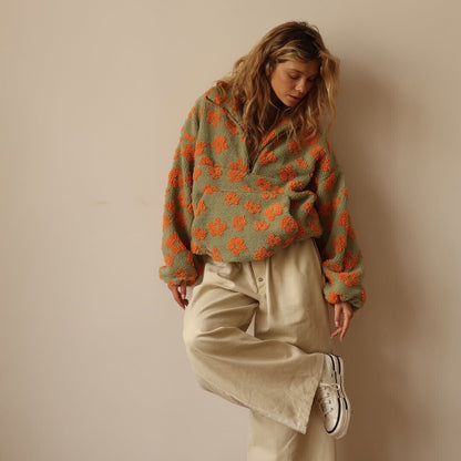 Floral Teddy Fleece Half-Zip Pullover – Oversized Sherpa Sweatshirt
