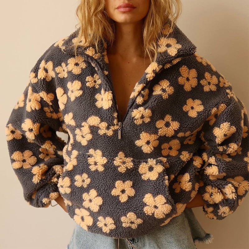 Floral Teddy Fleece Half-Zip Pullover – Oversized Sherpa Sweatshirt