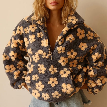 Floral Teddy Fleece Half-Zip Pullover – Oversized Sherpa Sweatshirt