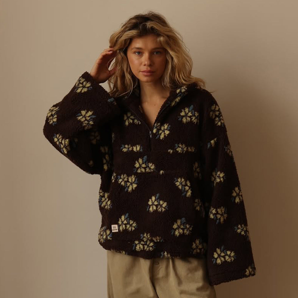 Floral Teddy Fleece Half-Zip Pullover – Oversized Sherpa Sweatshirt