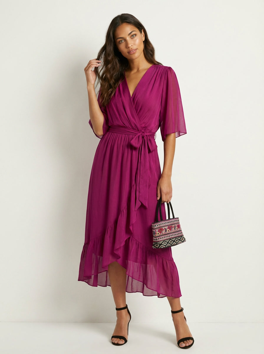 Chiffon Wrap Midi Dress – Flutter Sleeve V-Neck Tie Waist