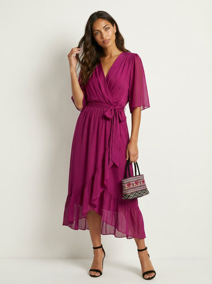 Chiffon Wrap Midi Dress – Flutter Sleeve V-Neck Tie Waist