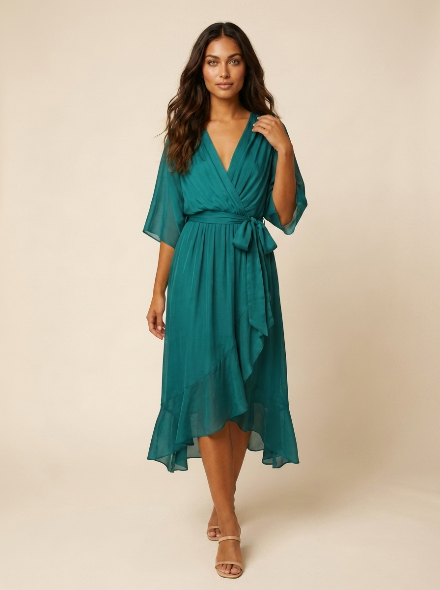 Chiffon Wrap Midi Dress – Flutter Sleeve V-Neck Tie Waist