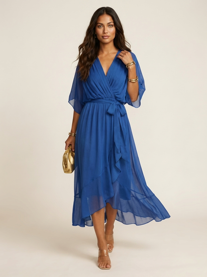 Chiffon Wrap Midi Dress – Flutter Sleeve V-Neck Tie Waist