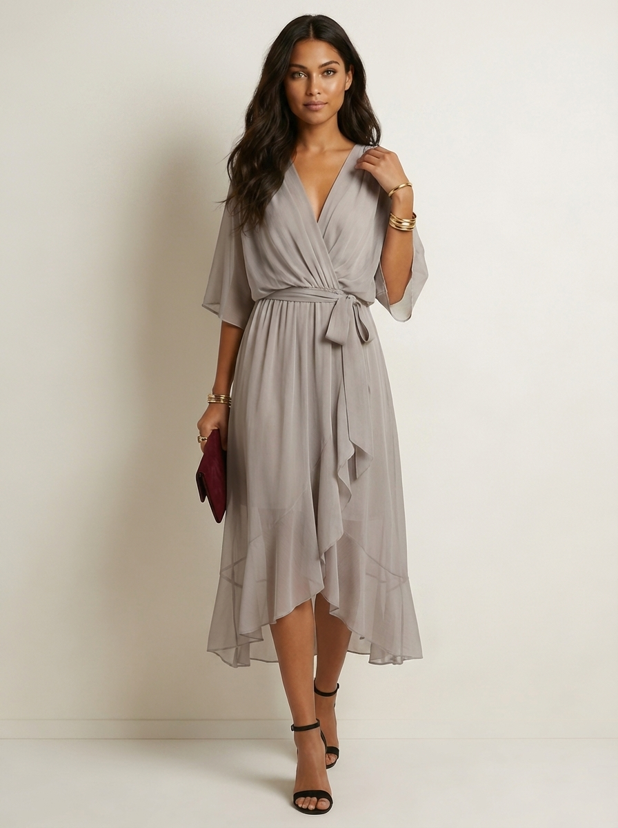 Chiffon Wrap Midi Dress – Flutter Sleeve V-Neck Tie Waist