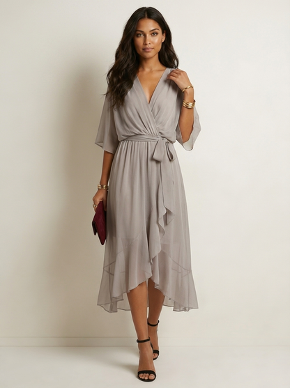 Chiffon Wrap Midi Dress – Flutter Sleeve V-Neck Tie Waist