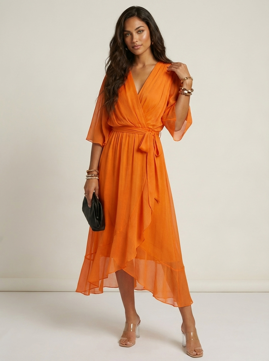 chiffon flutter sleeve midi length dress Wrap – V-Neck – Elixy Supply Color:Dark Pink while the short flutter Geoffrey Tall Dresser Smoked pair:amara-pearl-teardrop-beaded-bag-white
