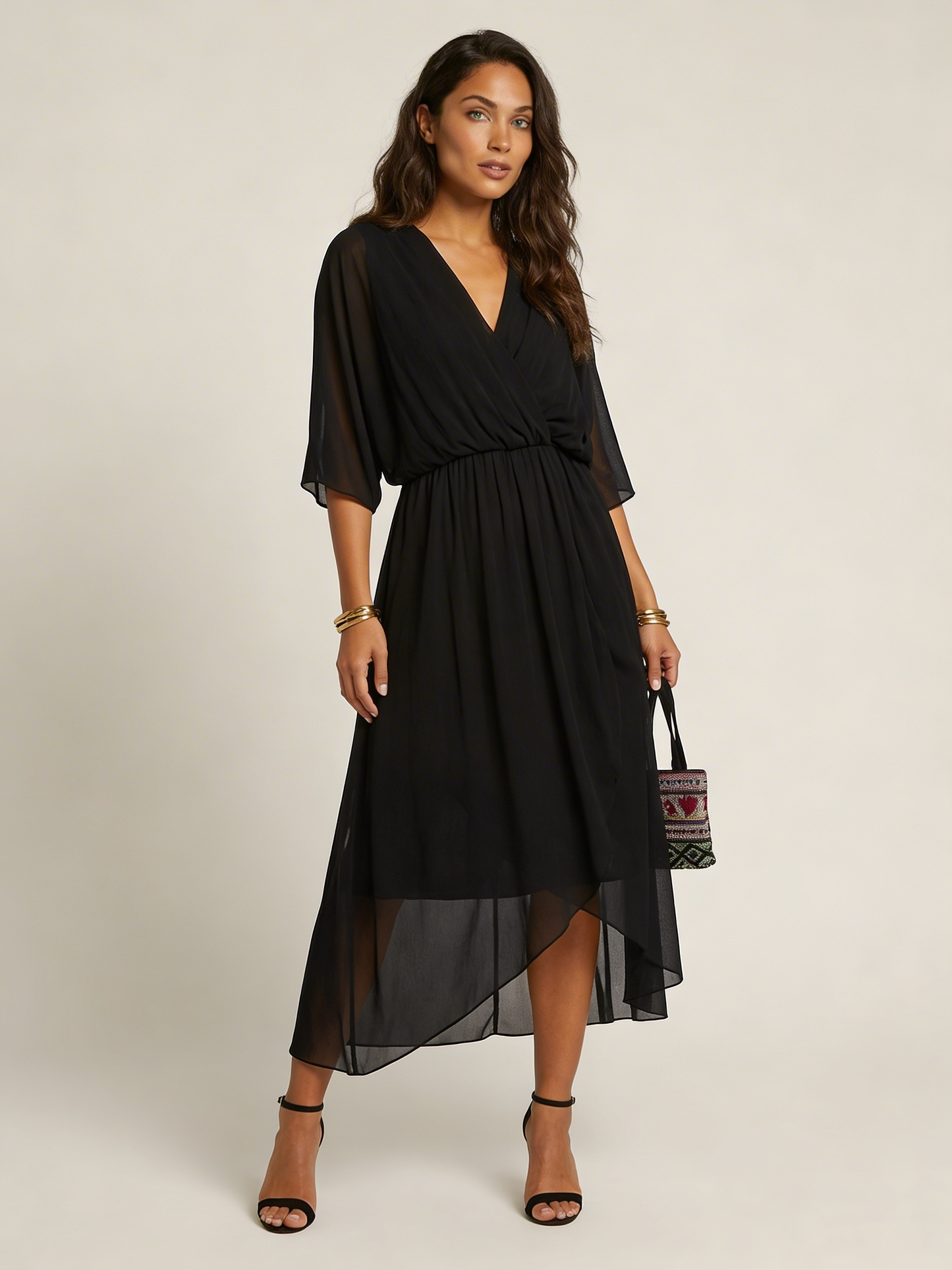 Chiffon Wrap Midi Dress – Flutter Sleeve V-Neck Tie Waist