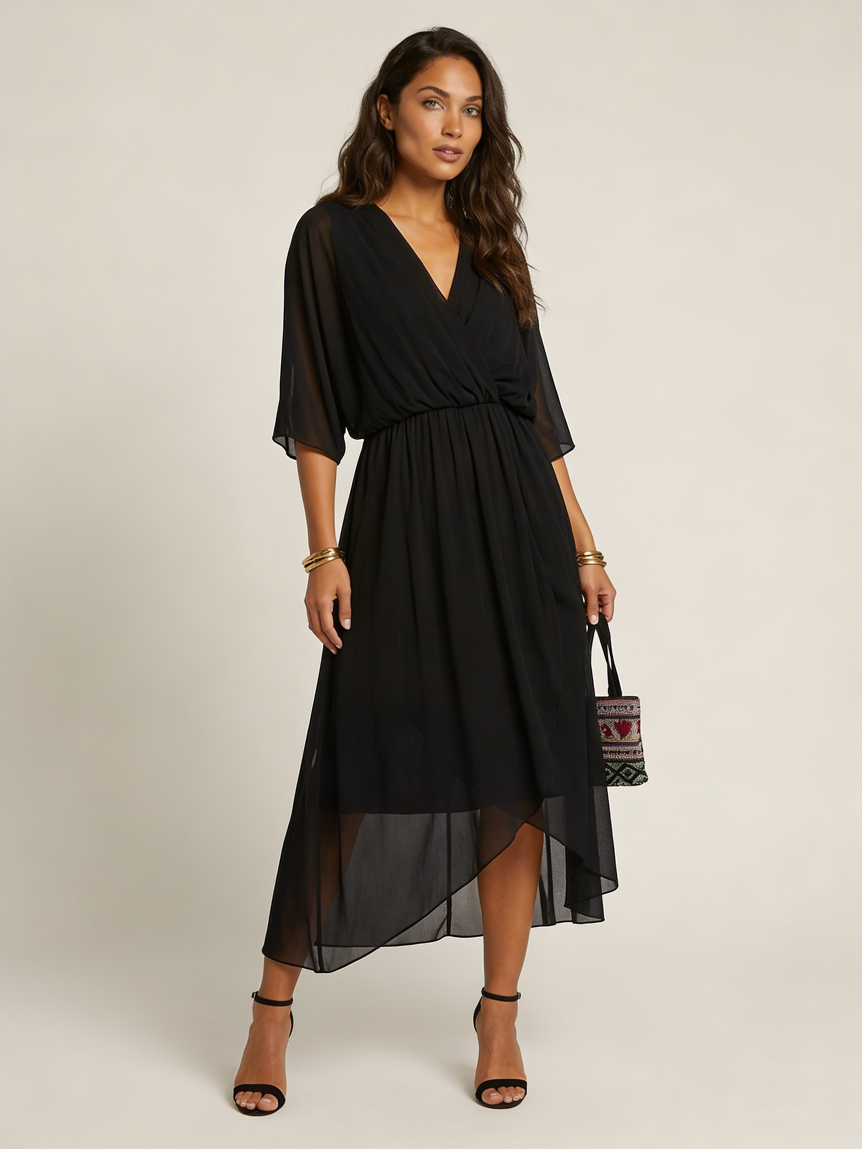 Chiffon Wrap Midi Dress – Flutter Sleeve V-Neck Tie Waist