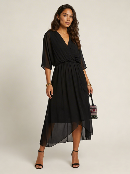 Chiffon Wrap Midi Dress – Flutter Sleeve V-Neck Tie Waist