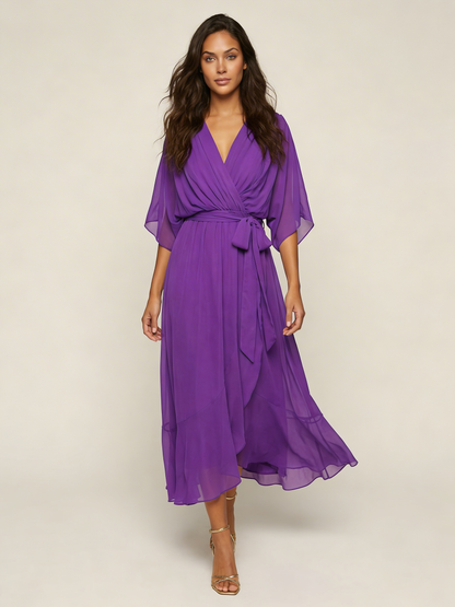 Chiffon Wrap Midi Dress – Flutter Sleeve V-Neck Tie Waist
