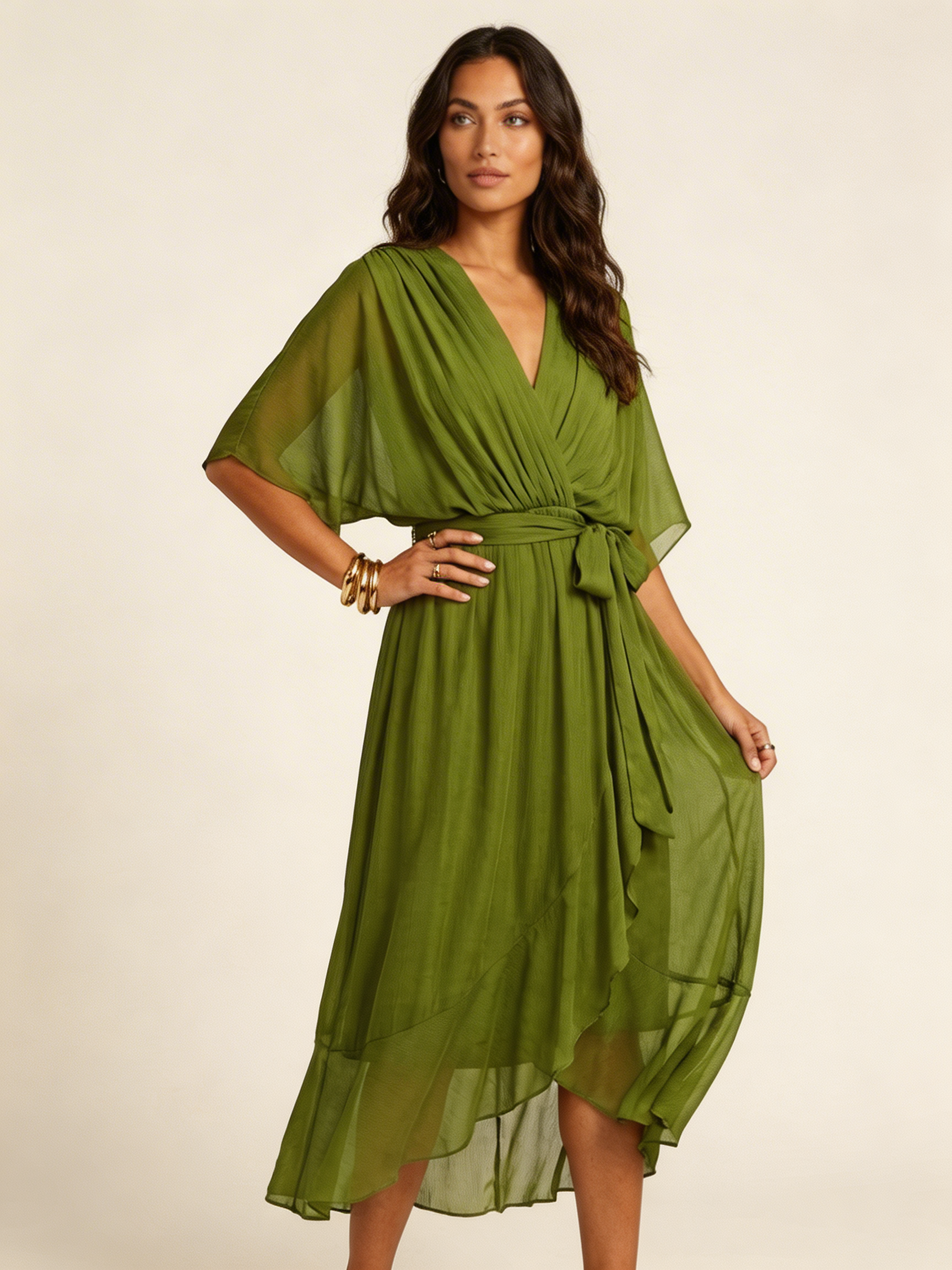 Chiffon Wrap Midi Dress – Flutter Sleeve V-Neck Tie Waist
