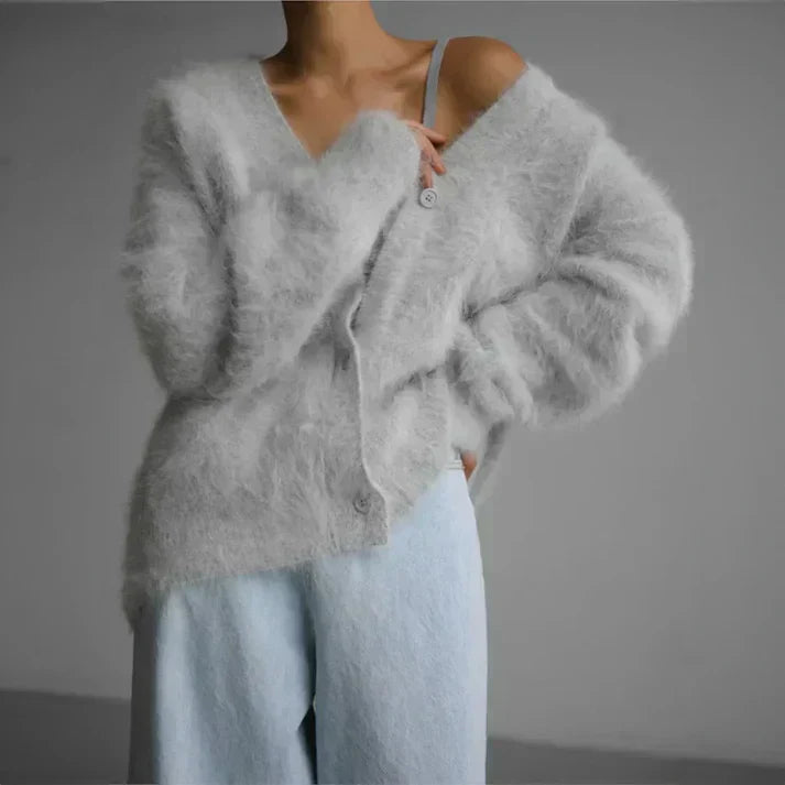 Fluffy Mohair-Style Cardigan – Oversized V-Neck Button-Down