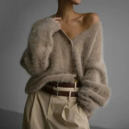 Fluffy Mohair-Style Cardigan – Oversized V-Neck Button-Down