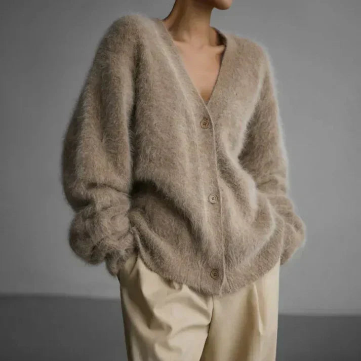 Fluffy Mohair-Style Cardigan – Oversized V-Neck Button-Down
