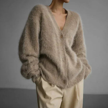 Fluffy Mohair-Style Cardigan – Oversized V-Neck Button-Down