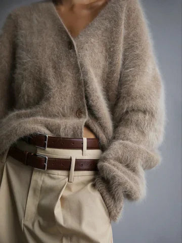 Fluffy Mohair-Style Cardigan – Oversized V-Neck Button-Down