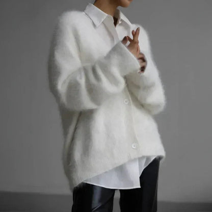 Fluffy Mohair-Style Cardigan – Oversized V-Neck Button-Down