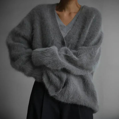 Fluffy Mohair-Style Cardigan – Oversized V-Neck Button-Down