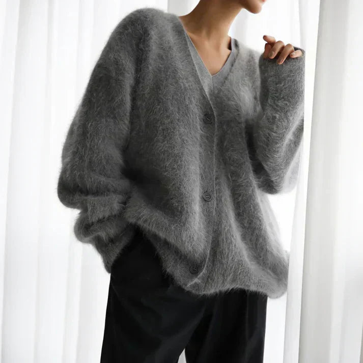 Fluffy Mohair-Style Cardigan – Oversized V-Neck Button-Down