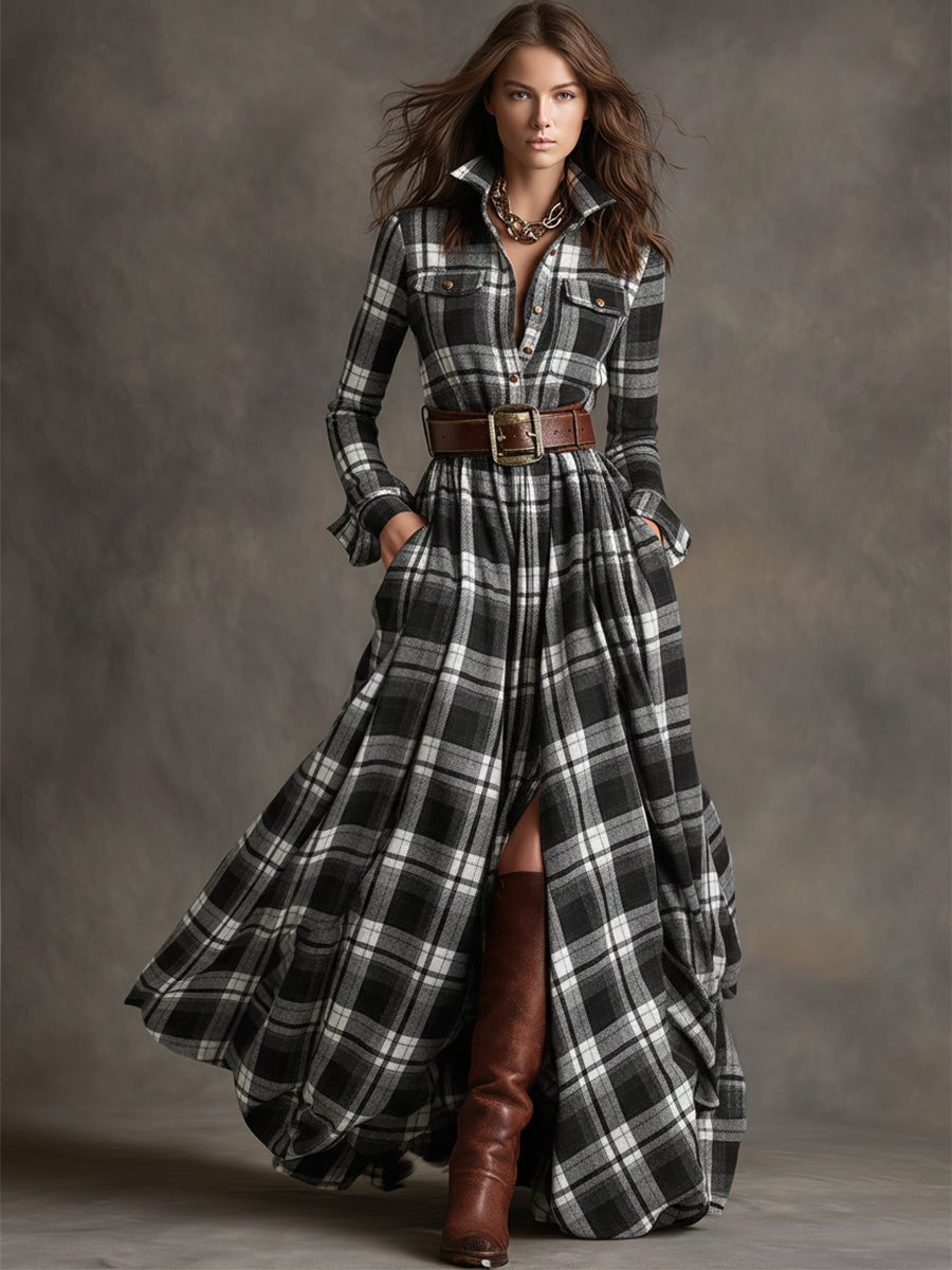 Plaid Maxi Shirt Dress – Long Sleeve Belted Tartan Dress