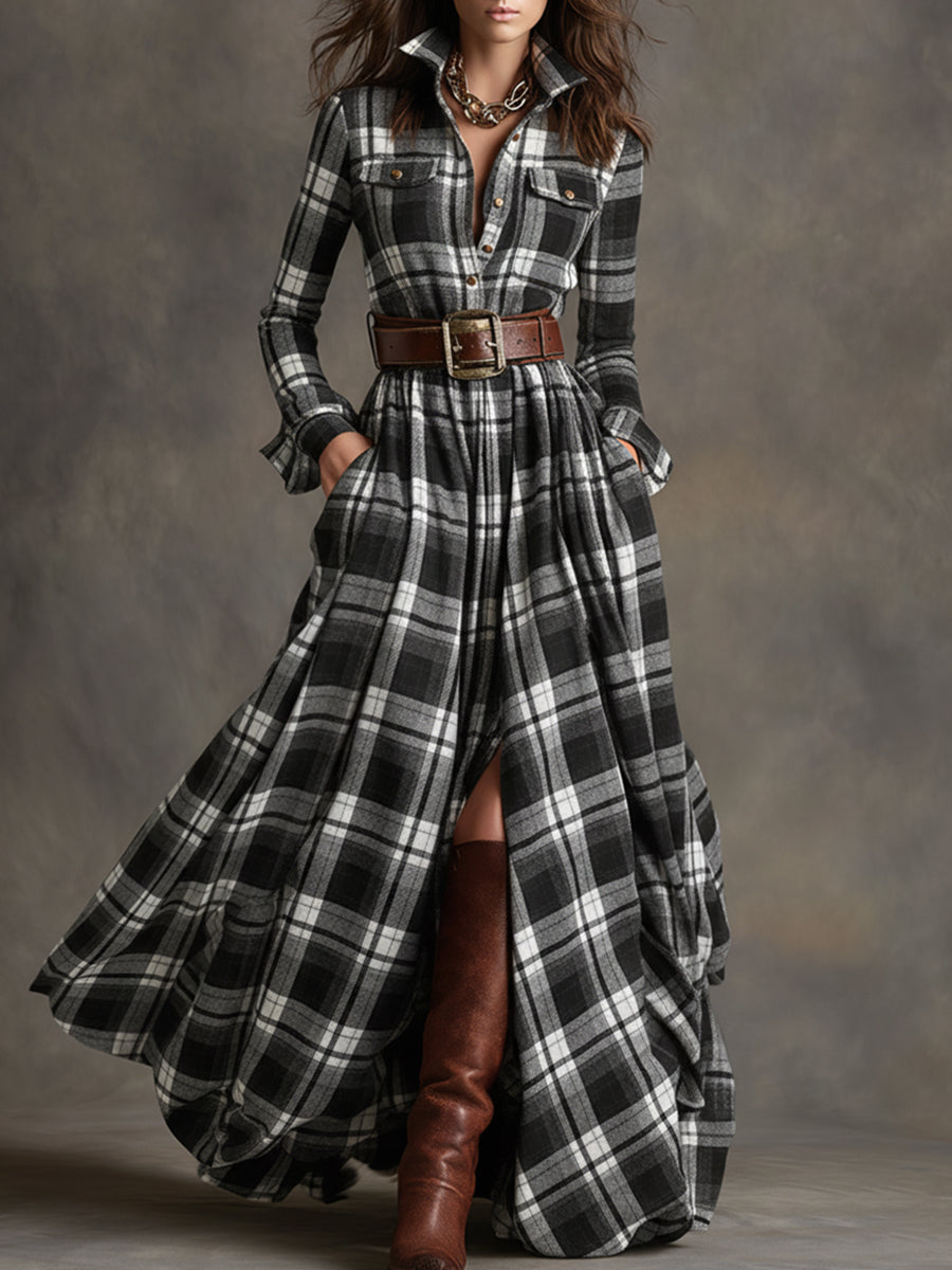 Plaid Maxi Shirt Dress – Long Sleeve Belted Tartan Dress