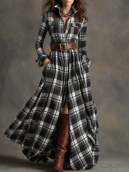 Plaid Maxi Shirt Dress – Long Sleeve Belted Tartan Dress