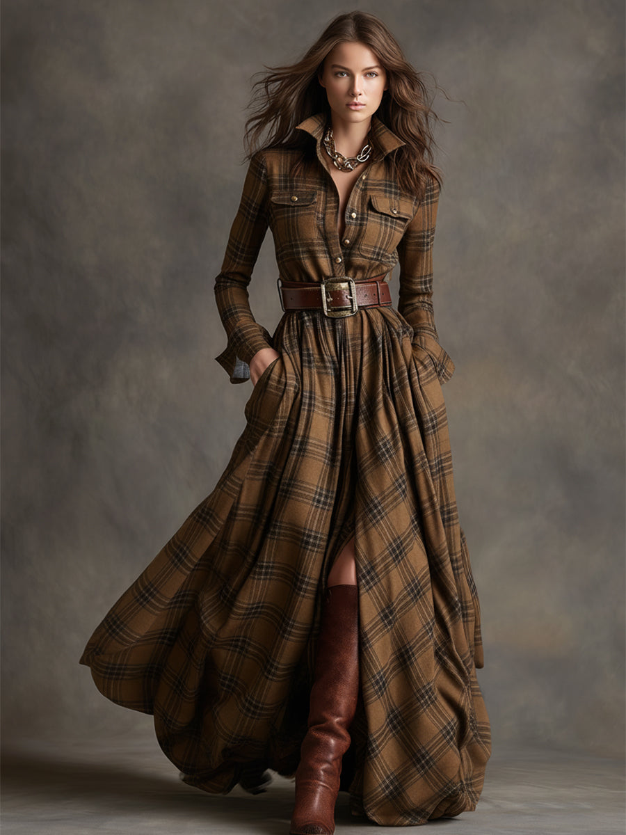 Plaid Maxi Shirt Dress – Long Sleeve Belted Tartan Dress