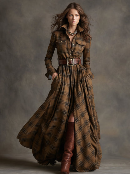 Plaid Maxi Shirt Dress – Long Sleeve Belted Tartan Dress