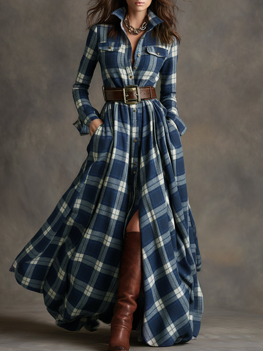Plaid Maxi Shirt Dress – Long Sleeve Belted Tartan Dress