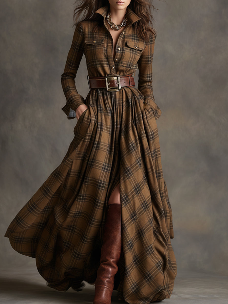 Plaid Maxi Shirt Dress – Long Sleeve Belted Tartan Dress