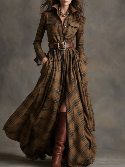 Plaid Maxi Shirt Dress – Long Sleeve Belted Tartan Dress
