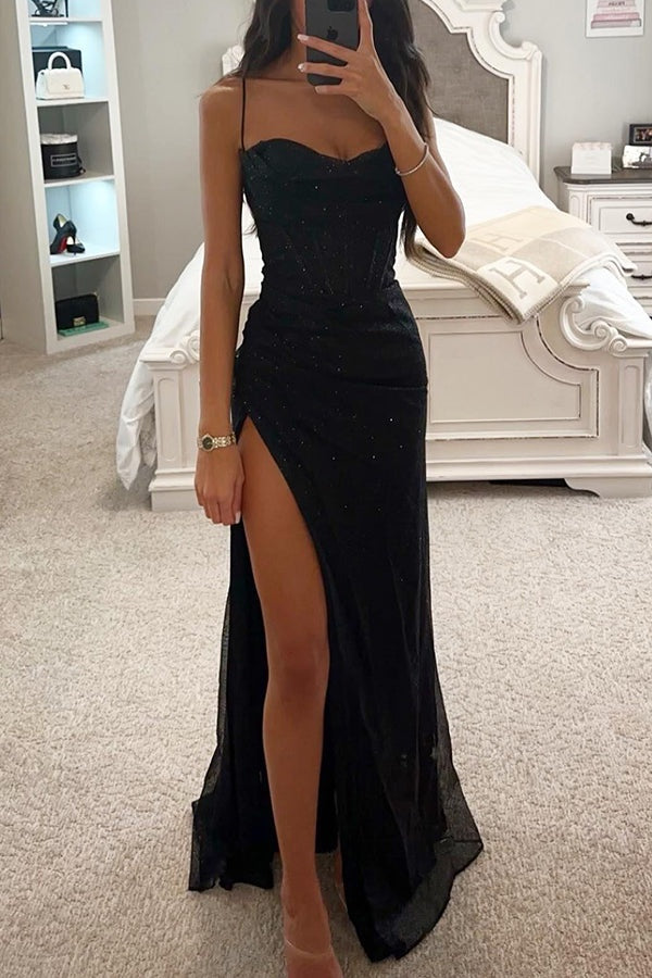 Women's Sequin Maxi Dress – Bodycon Spaghetti Strap Dress with High Slit